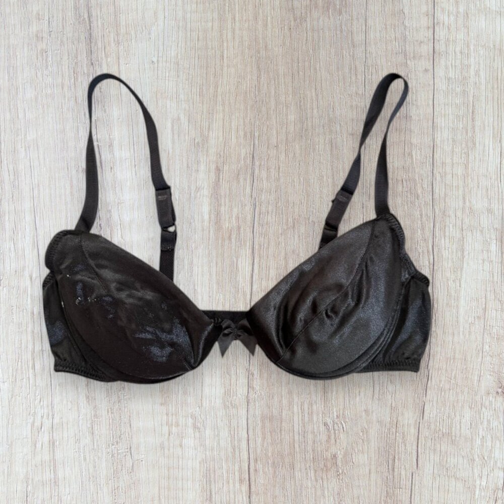 VICTORIA'S SECRET Style 1277 Black Satin Push Up Gold Label Vintage USA Bra 36A